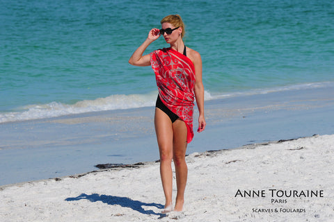 Extra large silk chiffon scarves by ANNE TOURAINE Paris™: red scarf tied as a half shoulder cover-up