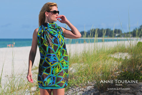 Extra large silk chiffon scarves by ANNE TOURAINE Paris™: teal and black scarf tied as a beach dress