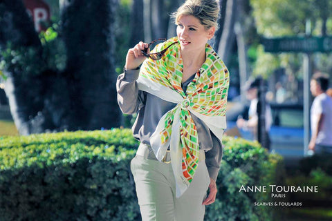 Extra large brown, green, and white silk scarf by ANNE TOURAINE Paris™. A summer must-have!