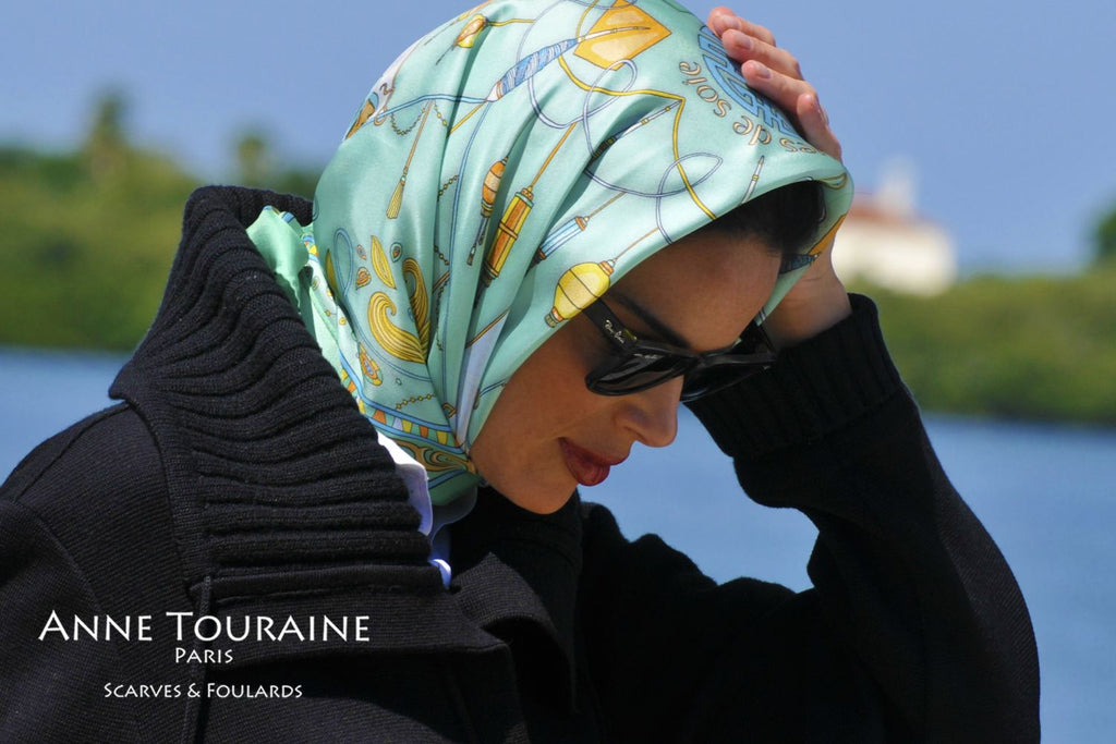 French silk scarves by ANNE TOURAINE Paris™: China inspired neon green scarf tied as a Kelly headscarf