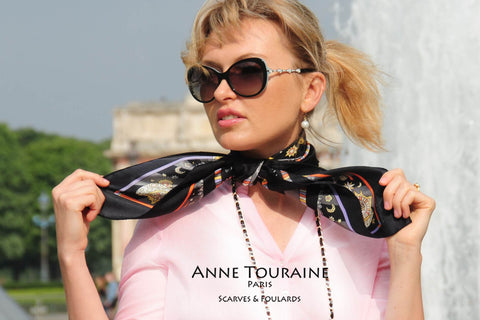 Stylish French woman with an ANNE TOURAINE Paris™ silk scarf