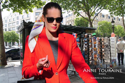 french stylish woman wearing the ANNE TOURAINE Paris™ astrology silk scarf