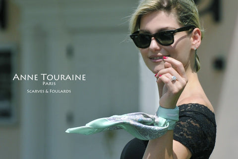 French scarves: Paris design, silk twill, green color: a French scarf created by ANNE TOURAINE Paris™; tied as a silk bracelet.