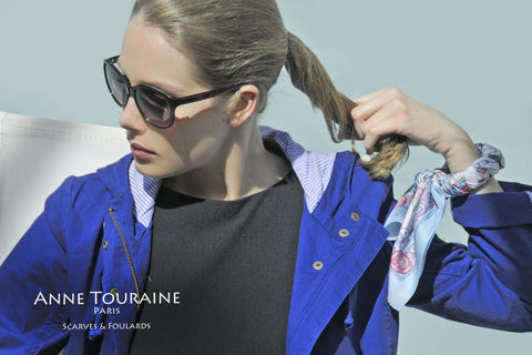 French scarves: silk twill, neon blue color: a French scarf created by ANNE TOURAINE Paris™; wrapped around a bangle (2)