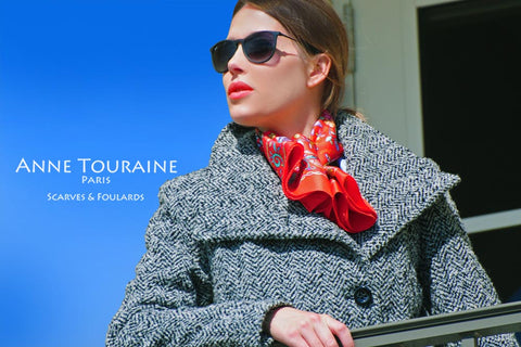 Floral silk scarf by ANNE TOURAINE Paris™, red color as a winter scarf