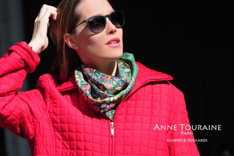 Floral silk scarf by ANNE TOURAINE Paris™, green color as a winter scarf