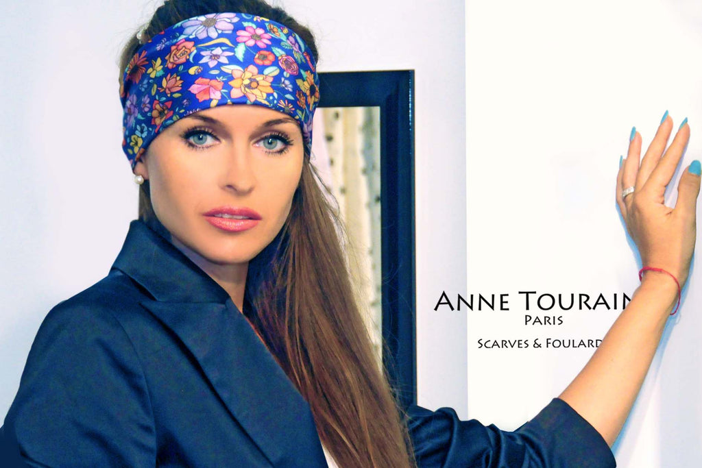 French silk scarves, Floral design in blue color, by ANNE TOURAINE Paris™, tied as a large headband
