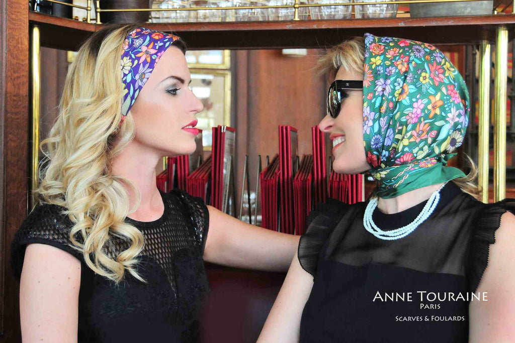 French silk scarves, Floral design in blue and green color, by ANNE TOURAINE Paris™, tied as a head scarf a la Grace Kelly and as a headband 