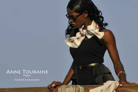 Nautical pale grey silk scarf by ANNE TOURAINE Paris™ tied loose around the neck