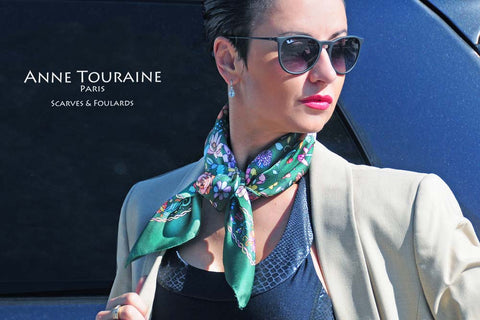 Floral green silk scarf by ANNE TOURAINE Paris™ tied with a square knot 