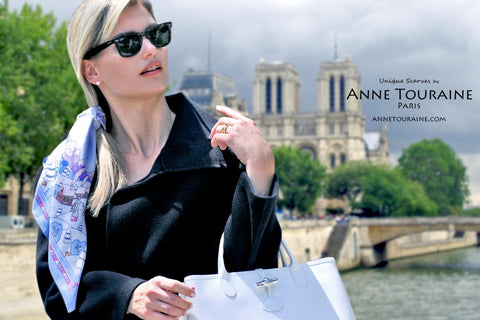 Winter inspired blue silk scarf by ANNE TOURAINE Paris™ tied around a ponytail