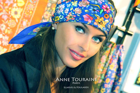 French silk scarf, floral pattern, blue color, by ANNE TOURAINE Paris™ tied as a large headband
