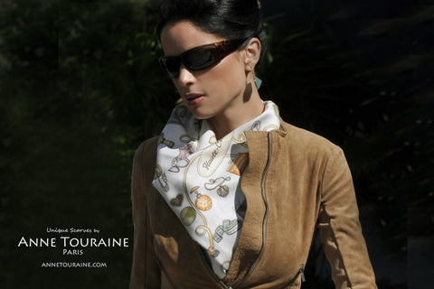 French silk scarf, white and brown, by ANNE TOURAINE Paris™ tied around the neck as a fluffy halter top