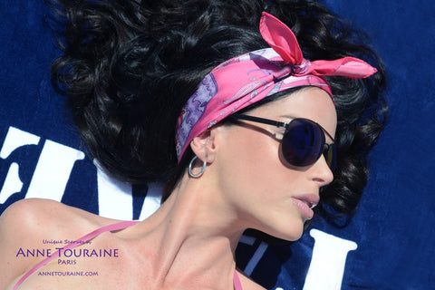 ANNE TOURAINE Paris™ French silk scarves: Silk Road inspired design; fuchsia pink color; tied as a fun summer headband