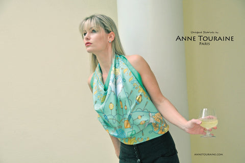 ANNE TOURAINE Paris™ French silk scarves: Silk Road inspired design; neon green color; tied as a stunning halter top