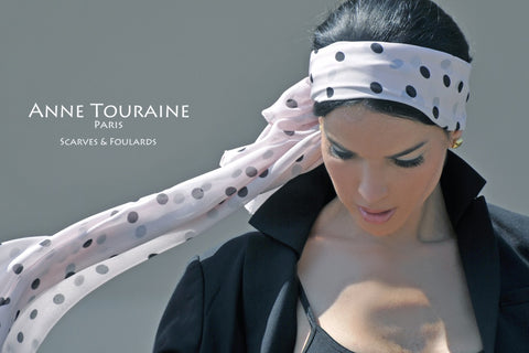 Long silk scarves: polka dot collection by ANNE TOURAINE Paris™; pink color; tied as a headband