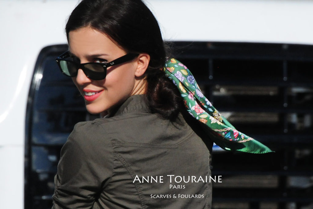 French silk scarves by ANNE TOURAINE Paris™: Floral green scarf on a low ponytail