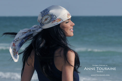 Nautical scarf, silk scarf grey by ANNE TOURAINE Paris™ over the hair to be a stylish pirate