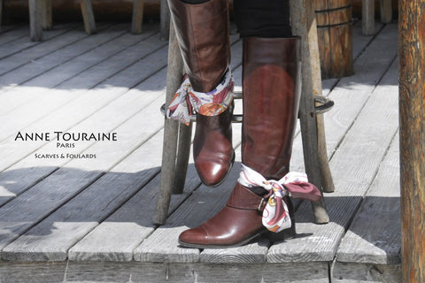 Marsala French silk scarf by ANNE TOURAINE Paris™ tied around boots