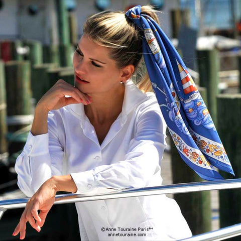 Nautical scarf, blue, silk by ANNE TOURAINE Paris™ scarves