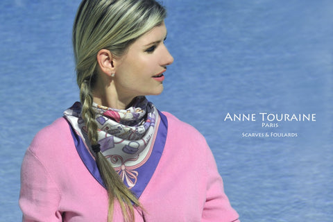 Blue silk scarf by ANNE TOURAINE Paris™ tied as a kerchief