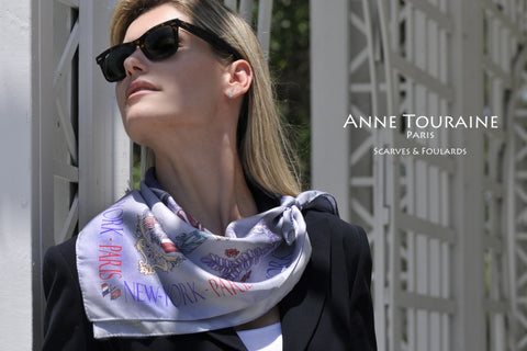 Paris New York silk scarf, blue color by ANNE TOURAINE Paris™ tied as a kerchief