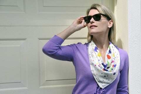 Polka dot scarf, multicolor, silk, by ANNE TOURAINE Paris,  tied as a kerchief