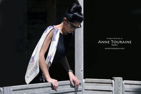 Paris New York silk scarf by ANNE TOURAINE Paris™ over a little black dress