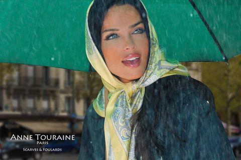 Paris inspired scarves: yellow PARIS silk scarf by ANNE TOURAINE Paris™ tied as a headscarf