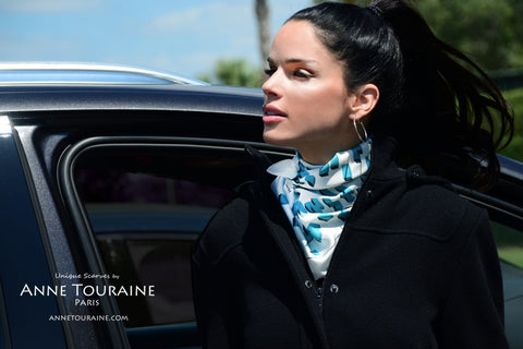 Geometrical designed silk scarf by ANNE TOURAINE Paris™, teal blue and white color as a winter scarf