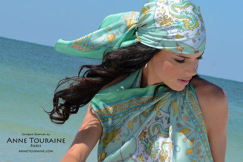 French silk scarf, green color, by ANNE TOURAINE Paris™ tied as a pirate scarf