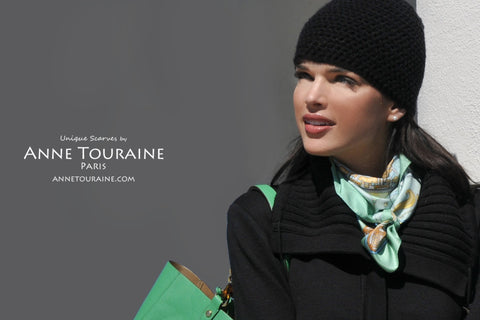 Chinese inspired silk scarf by ANNE TOURAINE Paris™, neon green color as a winter scarf