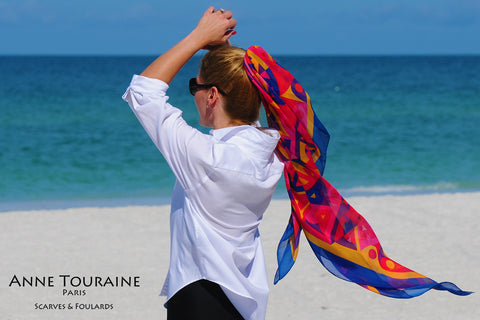 ANNE TOURAINE Paris™ extra large silk chiffon scarves; How to wear: pony tail 