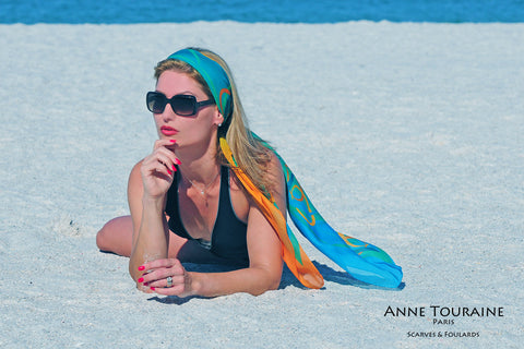 ANNE TOURAINE Paris™ extra large silk chiffon scarves; How to wear: summer headband 