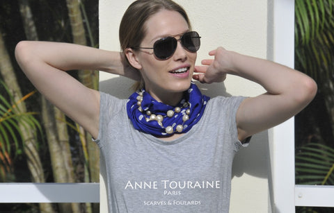 Blue polka dot scarf by ANNE TOURAINE Paris™ turned into an infinity scarf and worn with pearls