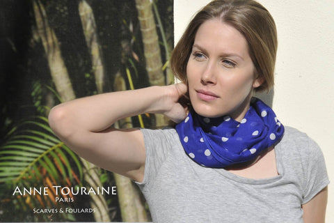 Blue polka dot scarf by ANNE TOURAINE Paris™ turned into an infinity scarf