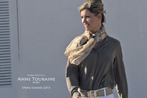 oblong chiffon silk scarf by ANNE TOURAINE Paris™, dog pattern, beige color