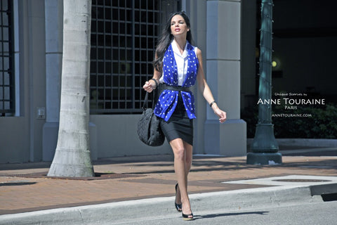 oblong chiffon silk scarf by ANNE TOURAINE Paris™, polka dot, blue color