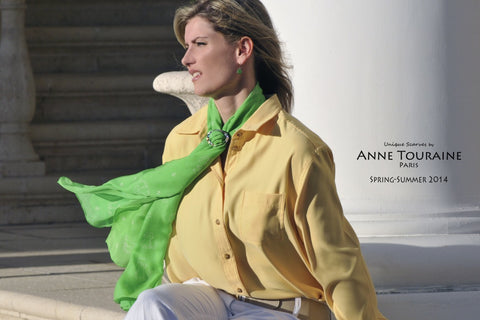 oblong chiffon silk scarf by ANNE TOURAINE Paris™, cat pattern, green color