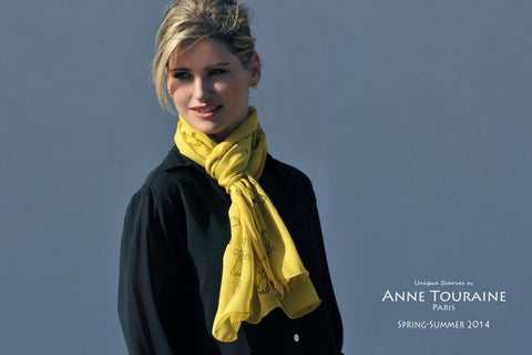 oblong chiffon silk scarf by ANNE TOURAINE Paris™, dog pattern, yellow color