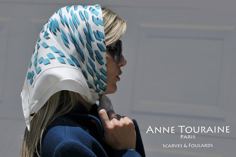 silk scarves by ANNE TOURAINE Paris™: trendy graphic op-art pattern, teal color