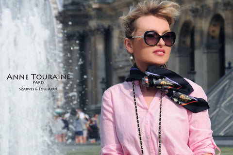 ANNE TOURAINE Paris™ silk scarves: balck Astrology silk scarf inspired by the Zodiacal signs and trendy butterfly shades