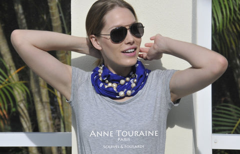 ANNE TOURAINE Paris™ silk scarves: blue polka dot silk scarf and trendy aviator shades