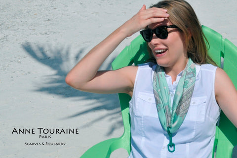 ANNE TOURAINE Paris™ scarves: pale green silk scarf tied as a silk necklace