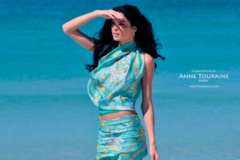 ANNE TOURAINE Paris™ scarves: green silk scarf tied as an eye catching summer halter top