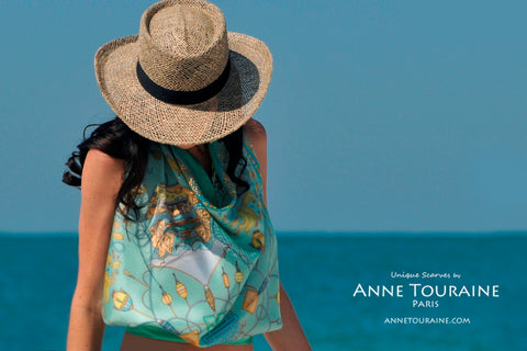 ANNE TOURAINE Paris™ scarves: green silk scarf tied a halter top and straw hat; the perfect beach outfit