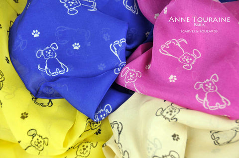 silk-scarves-scarf-stole-oblong-chiffon-dogs-pattern-yellow-beige-blue-pink-ANNE TOURAINE Paris™