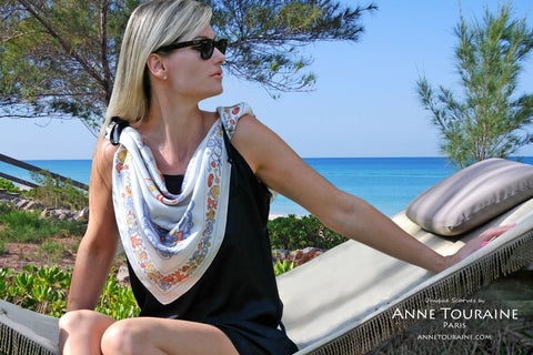 Nautical silk scarf, grey by ANNE TOURAINE Paris™ tied on a little black dress