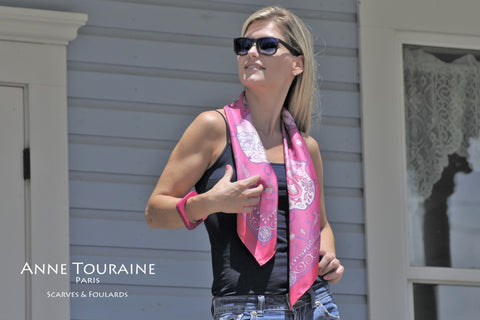 French silk scarf, pink color, by ANNE TOURAINE Paris™. Casual neck style and a pair of jeans