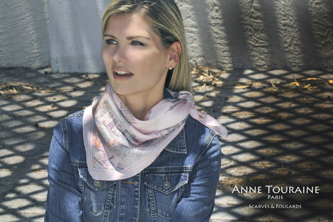 French silk scarf Paris, pink color, by ANNE TOURAINE Paris™ tied as a kerchief